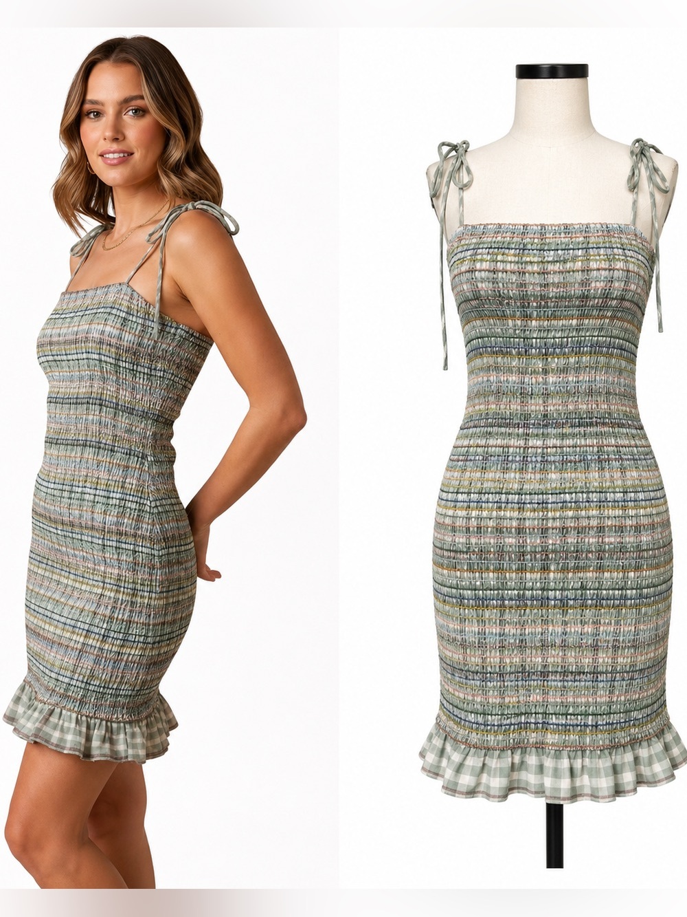 Paradise USA Smocked Mini Dress Green Gingham Plaid Cottagecore NWOT Small‎